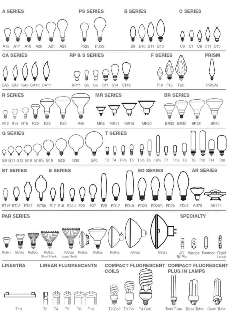 Différentes formes et dimensions d'ampoules nomenclature